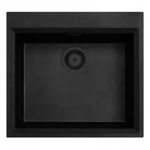 Zwarte opbouw spoelbak 58x53cm met kraangatbank met zwarte plug